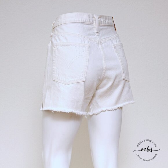 Levi's 501 Distressed Button Fly High Waist Frayed Hem Side Slit Denim Shorts - Picture 8 of 14